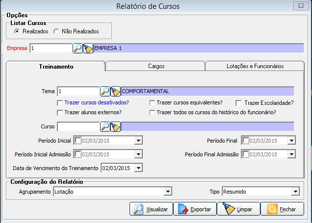 Relatório utilizando filtro de tema e período e configuração: lotação e resumido.