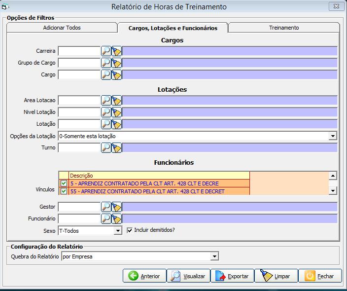 Treinamento, temos os filtros referentes ao curso,