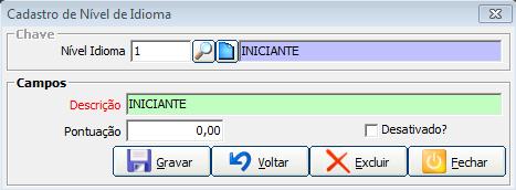 Para complementar o cadastro dos idiomas, temos o cadastro de nível de idioma.