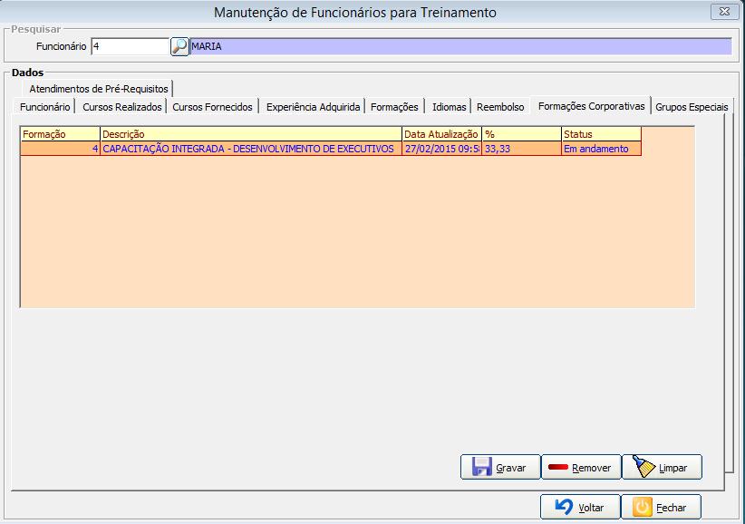 listados os cursos pertencentes a uma formação, mostrando a porcentagem