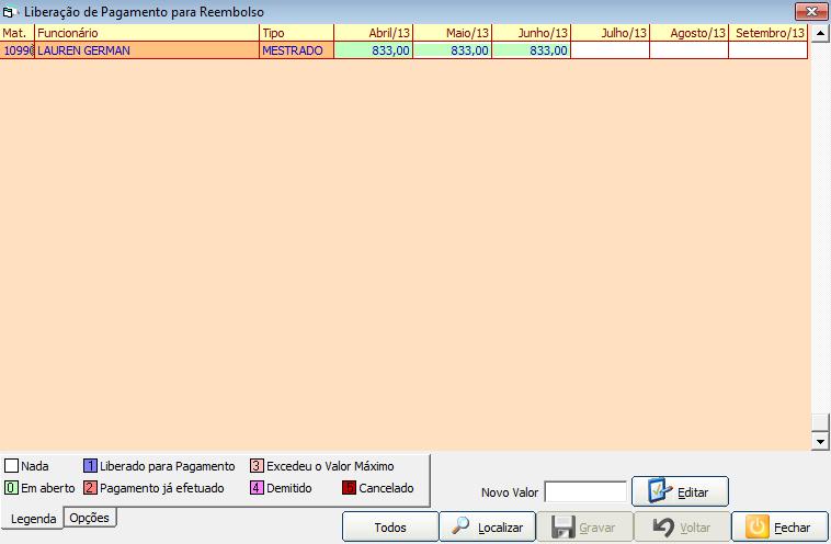 Para liberar um pagamento deve-se clicar sobre o pagamento (o fundo mudará de cor para roxo). Para salvar as alterações, clicar em salvar. A legenda presente na tela mostrará o status das parcelas.