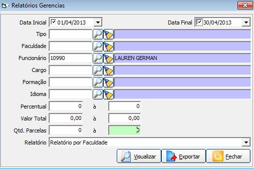 3.2.14 Relatório Gerencial Neste relatório serão listadas informações do funcionário, como matricula, nome, data de admissão, cargo, lotação e gestor.