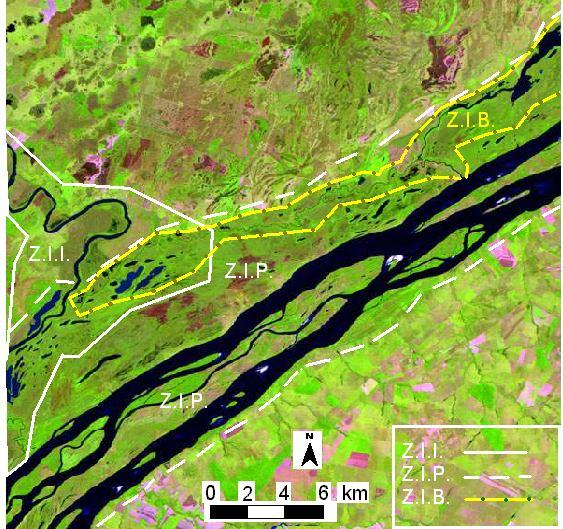Figura 9. Delimitação das 3 zonas de inundação na região núcleo dos estudos. Note a sobreposição das mesmas na região das lagoas - parte baixa desse trecho da Planície Fluvial do Alto Rio Paraná.