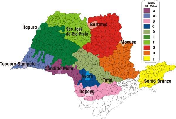 SÃO PAULO Mapa e avaliação da safra 2006 em São Paulo O estado de São Paulo está dividido em dez zonas tritícolas - A, A1, B, C, D, E, F, G, H e I - para fins de recomendações de tecnologia (IAC,