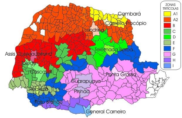 PARANÁ Mapa e avaliação da safra 2006 no Paraná O estado do Paraná está dividido em dez zonas tritícolas: A1, A2, B, C, D, E, F, G, H e I (IAPAR, 2003). Na Fig.