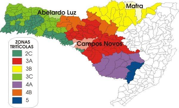 SANTA CATARINA Mapa e avaliação da safra 2006 em Santa Catarina O estado de Santa Catarina possui sete zonas tritícolas indicadas para a semeadura de trigo: 2C, 3A, 3B, 3C, 4A, 4B e 5 (REUNIÃO, 1999).