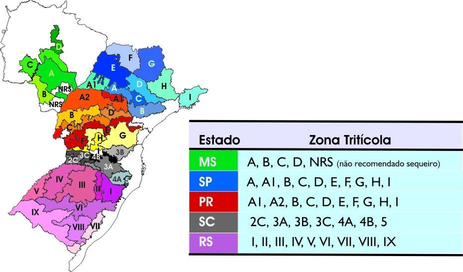Fig. 1. Zonas Tritícolas Sul-brasileira e Centro-sul-brasileira. Nos estados de Goiás e de Minas Gerais, usou-se o critério de agregação por altitude.