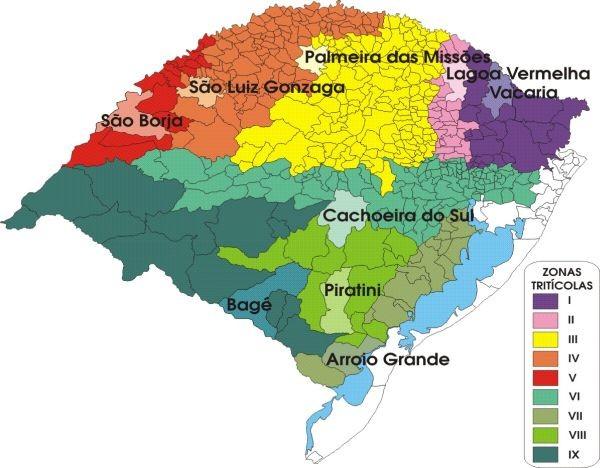 RIO GRANDE DO SUL Mapa e avaliação da safra 2006 no Rio Grande do Sul O Rio Grande do Sul está dividido em nove zonas tritícolas: I, II, III, IV, V, VI, VII, VIII e IX (REUNIÃO, 1999). Na Fig.