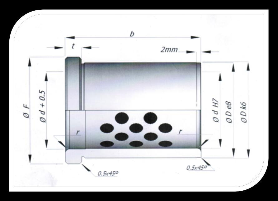 BUCHA DE GUIA PARA ESTAMPO LBMGE Bronze com lubrificante sólido MODELO d D F (+0/0,1) t (+0/0,1) LBMGE 09 9 x x x x x x 14 17 3 LBMGE 10 10 x x x x x x r b 16 20 25 32 40 50 63 80 100 125 160 LBMGE