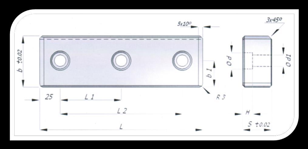 ESCORA DE GUIA LATERAL LPGLS Aço (55/57 HRC) sem lubrificante sólido MODELO b x L x S b 1 L 1 L 2 Ø d Ø d 1 Furos para Fixação H LPGLS 50150 50 x 150 x 25 100 2 LPGLS 50200 50 x 200 x 25 25 150 LPGLS