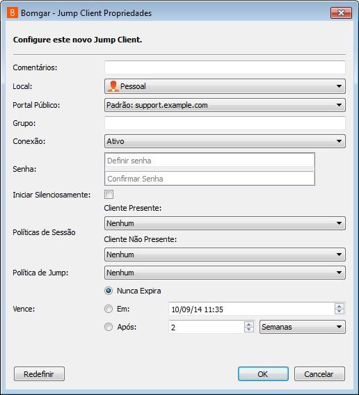 Quando fixar um Jump Client em uma sessão e personalizar suas propriedades com antecedência, você também tem a opção de definir quando o Jump Client expira.