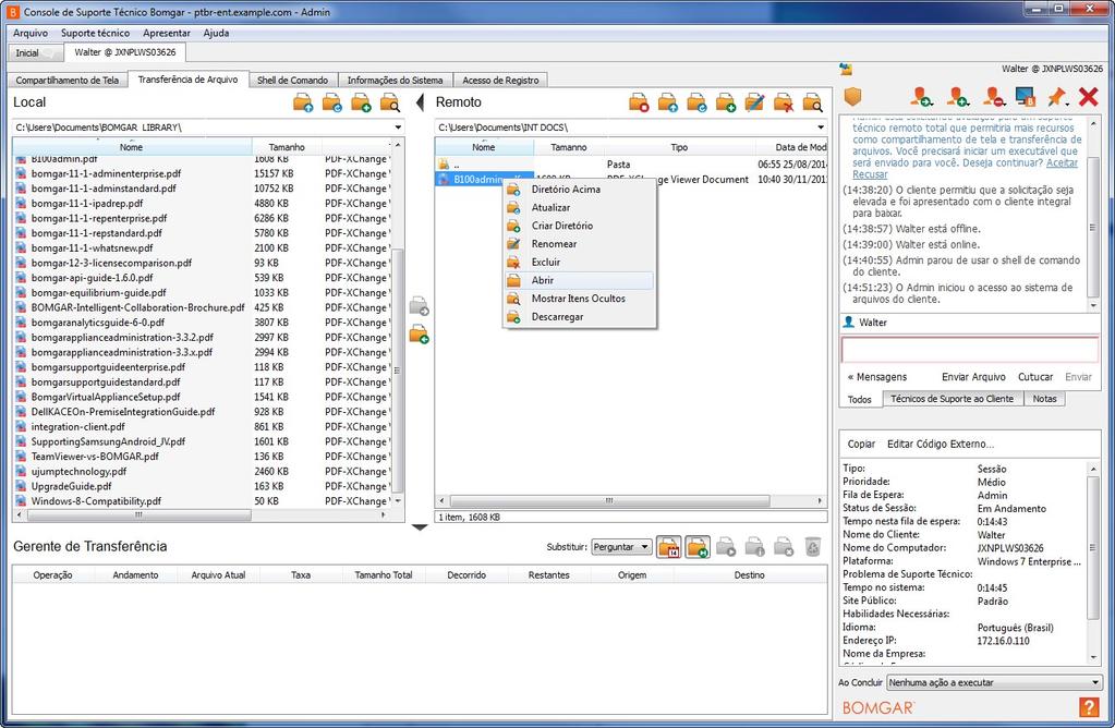 Transferência de Arquivo de e para o Sistema Remoto Durante uma sessão, os técnicos de suporte ao cliente com privilégios podem transferir, excluir ou renomear arquivos e mesmo diretórios inteiros