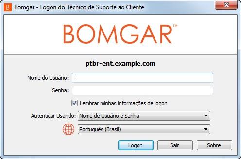 Faça Logon no Console de Suporte Técnico Após instalar o console de suporte técnico Bomgar, inicie o console de suporte técnico a partir da localização do seu diretório como definido durante a