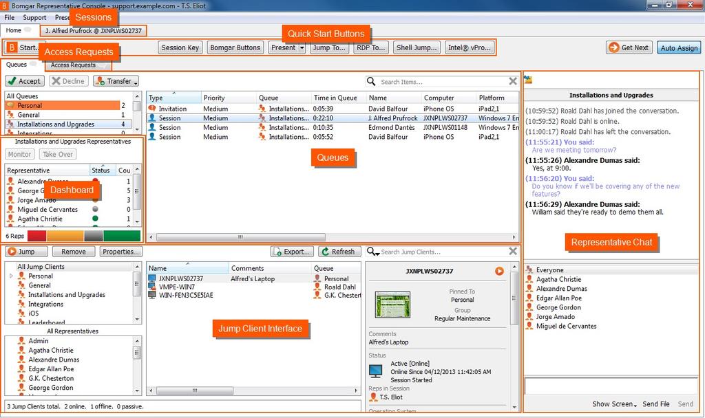 Interface de Usuário do Console de Suporte Técnico Sessões - Gerencie múltiplas sessões de suporte técnico remoto ao mesmo tempo.