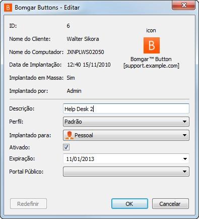 As estatísticas de utilização do Bomgar Button incluem: Campos estáticos: ID Nome do Cliente Nome do Computador Data de Implantação Implantado em massa (Sim/Não) Implementado por (Nome de Exibição