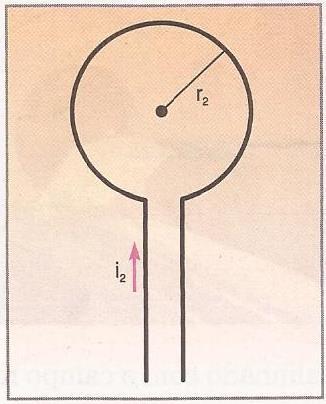 Duas espiras circulares concêntricas e coplanares, e raios 4π m e 5π m, são percorridas por correntes de 4 A e 6 A,