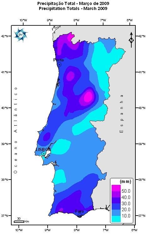 Mapas de precipitação referentes aos meses de Janeiro, Fevereiro e Março de 2009. (IM, I. P.