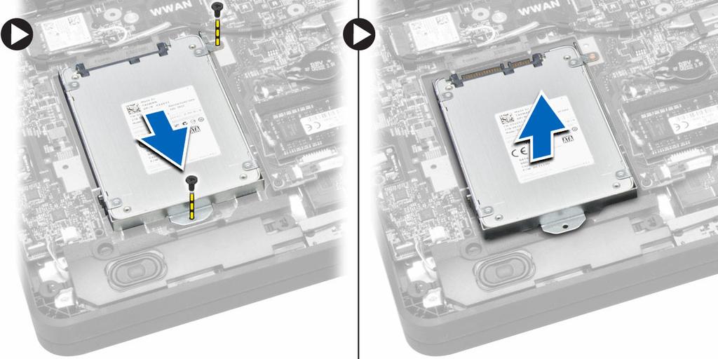 a. Remova os parafusos que prendem a unidade de disco rígido no computador. Deslize a unidade de disco rígido para desconectá-la do respectivo conector na placa de sistema. b.