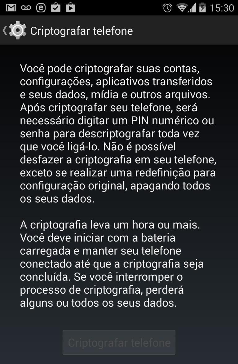 as contas, fotos, vídeos e outros arquivos multimídia serão criptografados Insira uma senha e a seguir na opção de