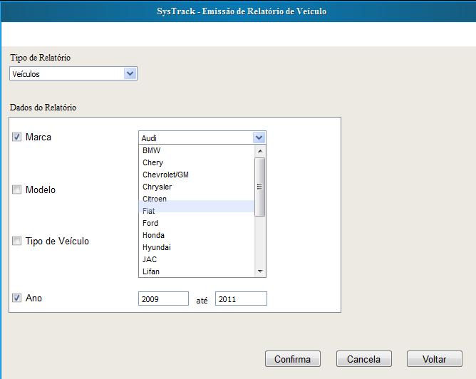 RF008 Emissão de Relatório de Veículo A tela de relatório apresenta os parâmetros Marca, Modelo, Tipo de Veículo e Ano.