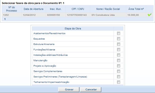 documento, além da informação da etapa da obra na sequencia da tela.