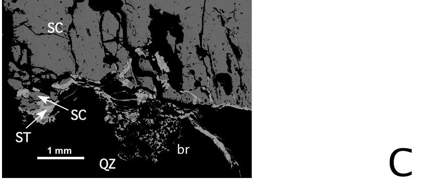 As condições para a sua cristalização verificamse nos estádios hidrotermais mais tardios relacionados com as reactivações pós-d3 da ZCAC (estádio Pb-Bi-Ag em Leal Gomes e Gaspar, 1992) (fig. 2 B).