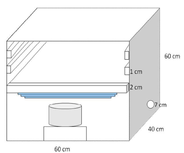 dimensões: 60 x 40 x 65 cm e uma espessura aproximada de 2,0 cm. Possuindo em sua parte frontal, para abertura, uma placa de vidro com espessura de aproximadamente de 0,8 cm.