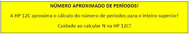 Assim, caso o valor calculado algebricamente para N seja igual a 2,008, a HP aproximará o cálculo, fornecendo o número 3 como resposta. Logo, precisamos tomar cuidado ao calcular N com a HP 12C.