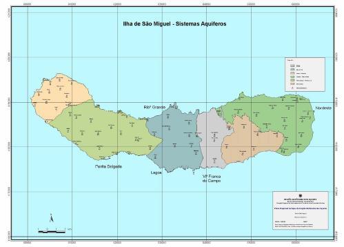 3. Geotermia em Portugal Figura 3.4 Sistemas de aquíferos da Ilha de S. Miguel (Cruz, 2001). As nascentes minerais de S. Miguel encontram-se em três dos seis sistemas de aquíferos de S.