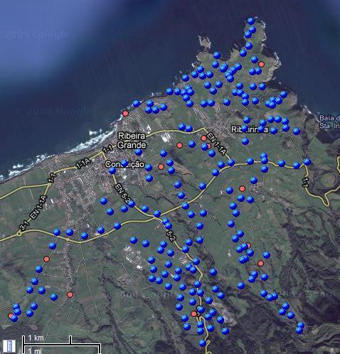 4. Geotermia na Ribeira Grande Caso de Estudo N Figura 4.12 Marcação dos pontos no Google maps.