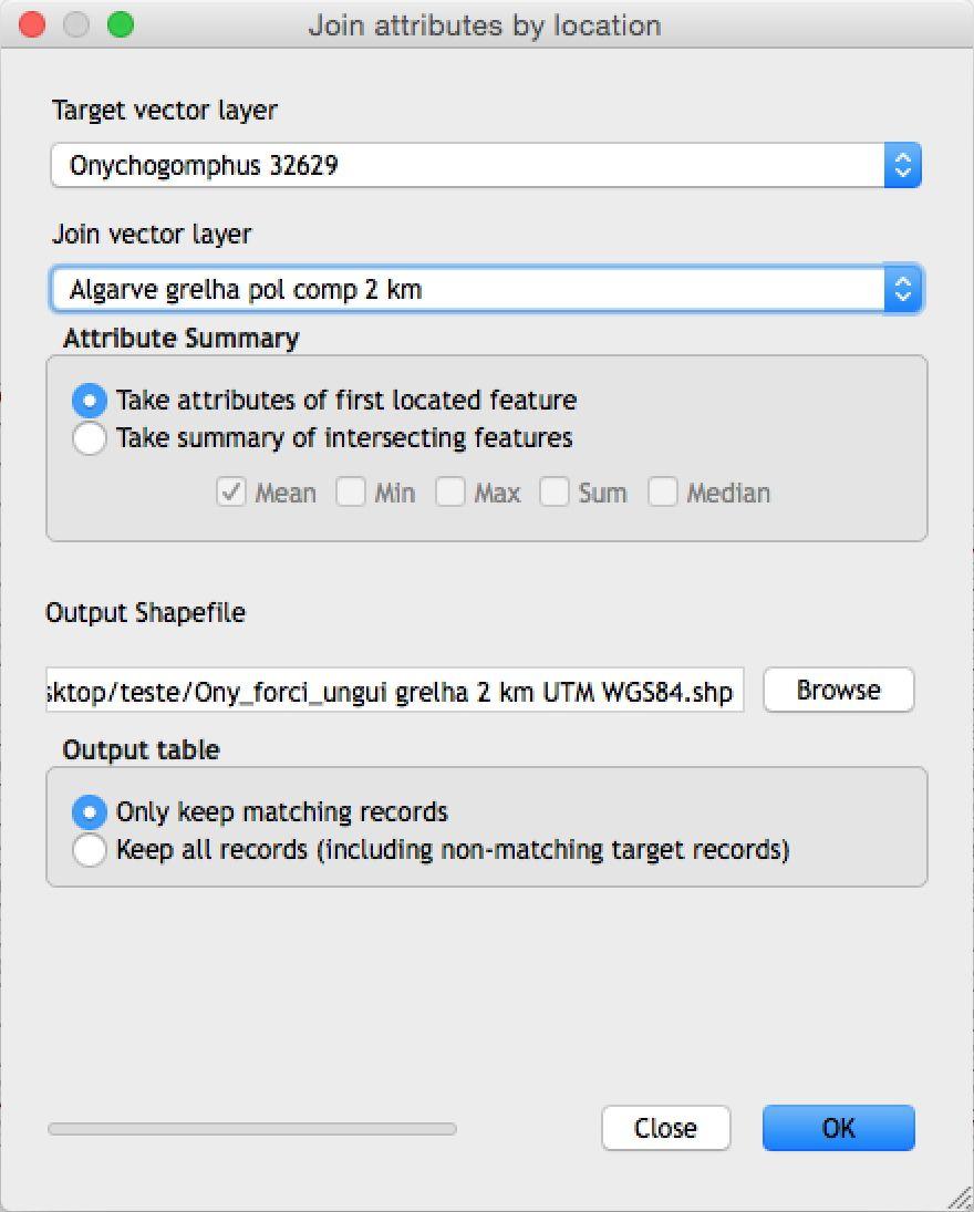 opção 1.B Num segundo passo, utiliza-se novamente a funcionalidade Join attributes by location, mas com uma parametrização ligeiramente distinta.