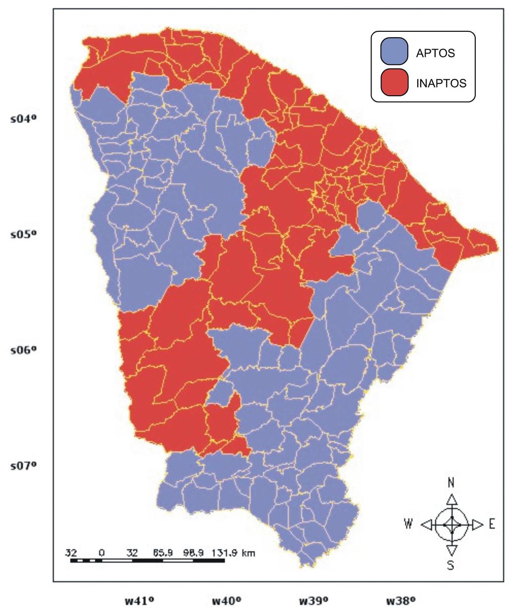 Figura 1 - Mapa dos municípios com aptidão plena ao cultivo do algodoeiro herbáceo no Estado do Ceará Na Tabela 2 estão listados os municípios do Estado do Ceará aptos ao cultivo da fibrosa,