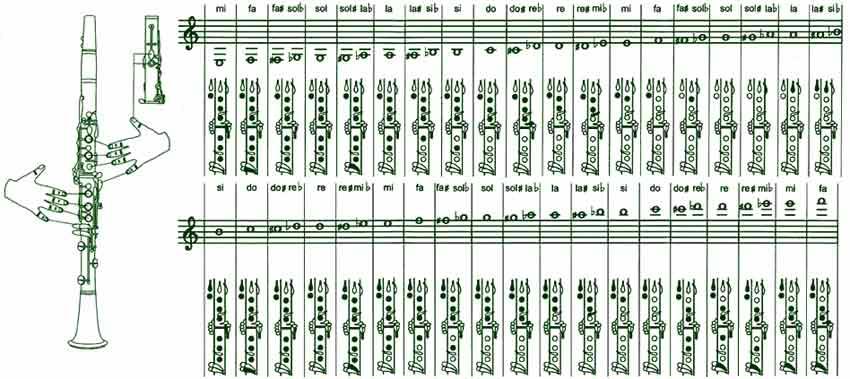 DIGITAÇÃO DO CLARINETE Observe na figura abaixo como se desenvolve a digitação (posicionamento dos dedos no instrumento) do clarinete: O