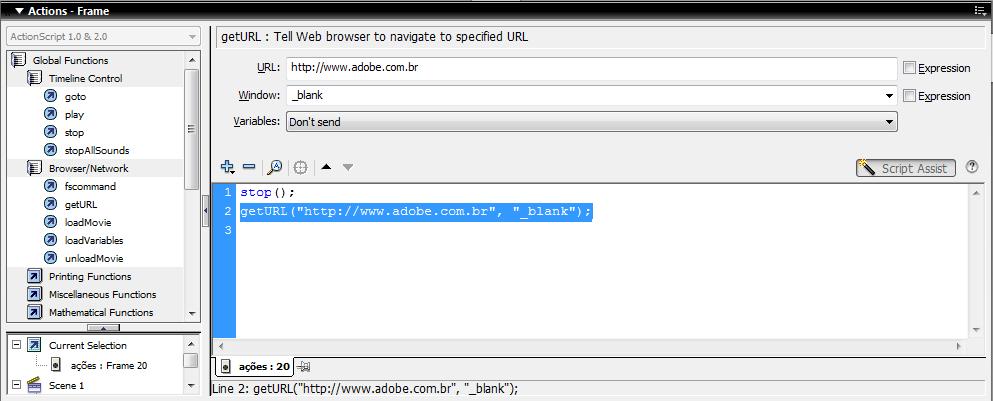 ações clique na pasta Browser / Network e dê um duplo clique na ação geturl. Clique sobre a ação geturl e nas opções defina no campo URL o que deve ser aberto (no caso usamos http://www.adobe.com.