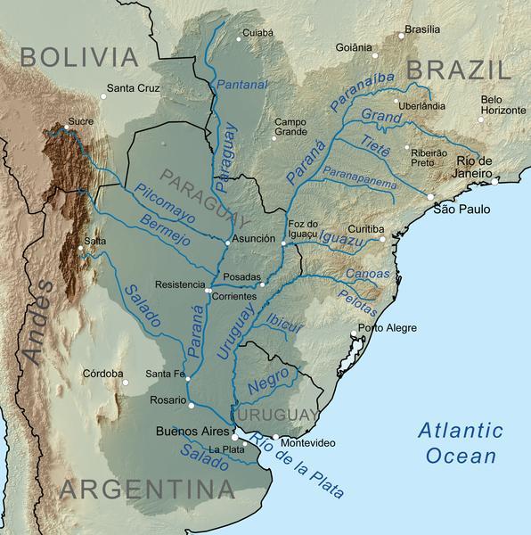 BACIA PLATINA: REÚNE AS BACIAS DOS RIOS PARANÁ, PARAGUAI E URUGUAI, QUE NASCEM EM TERRITÓRIO BRASILEIRO E DRENAM TAMBÉM OS PAÍSES PLATINOS (PARAGUAI, URUGUAI E ARGENTINA ).