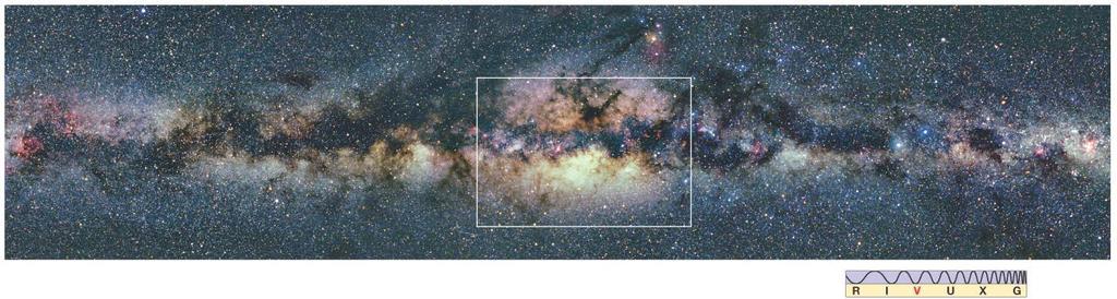 A Via-Láctea fotografada de horizonte a horizonte (~180º) Regiões brilhantes = conjuntos de