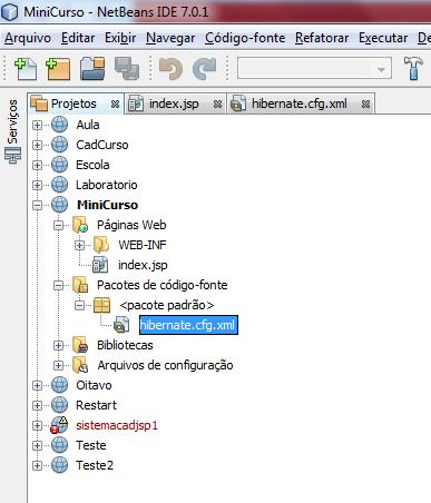 E o projeto acabe de ser gerado. O hibernate.cfg.xml, é o arquivo do Framework Hibernate que mapeia todos os dados do banco de dados indicado, para realizar a conexão.