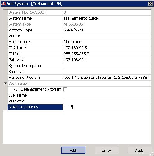 Nesse exemplo, vamos adicionar o modelo de OLT AN5116-06 ao domínio de gerencia Treinamento FH.