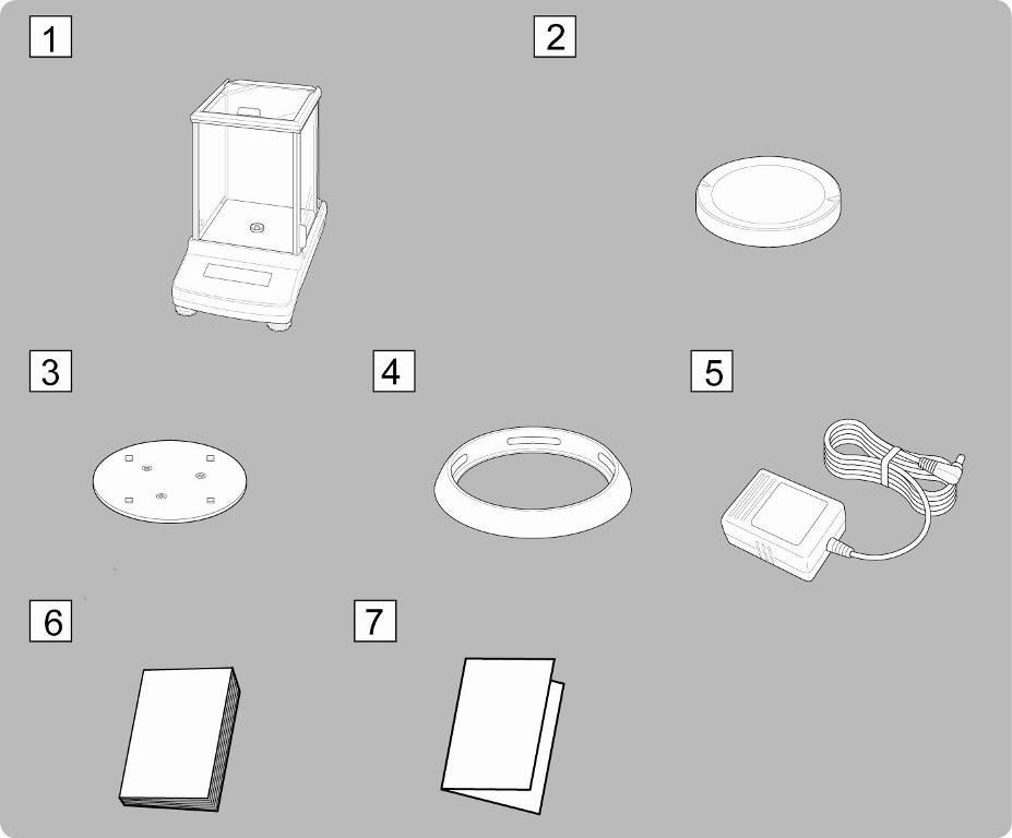7.2.1 Extensão de fornecimento / acessórios de série 1. Balança 2. Prato de pesagem 3.
