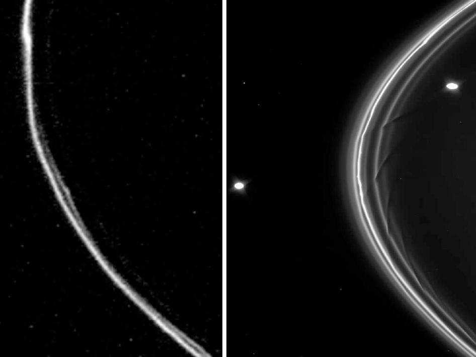 Imagem do anel F de Saturno obtida pela Voyager 1 em novembro de 1980 (esquerda) e pela Cassini em abril de 2005 (direita).