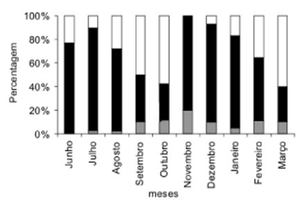 Figure 4. Relative variation of the reproductive state of the fronds of the Sargassum vulgare population of Ponta do Arpoador between July 2006 and March 2007.
