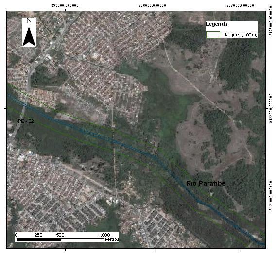 Imagem 1 Canal do Jordão Trechos 1 e 2 a delimitação das faixas marginais de 100 metros.