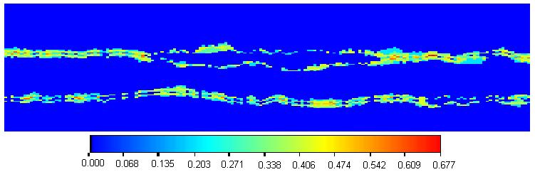 CAPÍTULO 5 Figura 5.27- Distribuição da entropia, X=113262.5 No espectro de cores apresentado, as áreas a azul representam os locais de baixa incerteza.