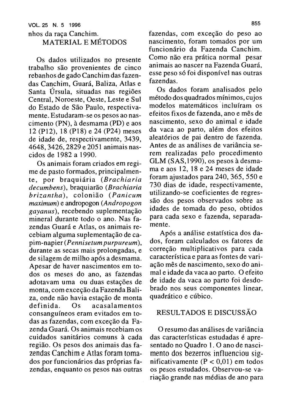 VOL. 25 N. 5 1996 nhos da raça Canchim.