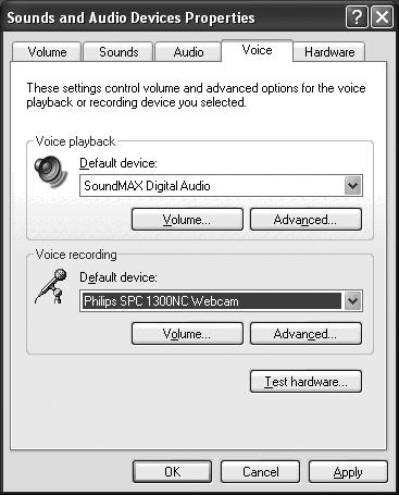 5 Clique no separador Voz no ecrã apresentado. 6 Defina a Philips WebCam ou o auricular ligado como o dispositivo predefinido para a Gravação de voz. 7 Clique em OK para guardar as suas definições.
