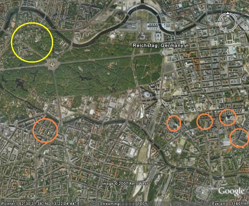 Figura 1 Foto aérea de Berlim com a identificação de alguns locais de implantação dos objetos de estudo tratados nesta pesquisa.