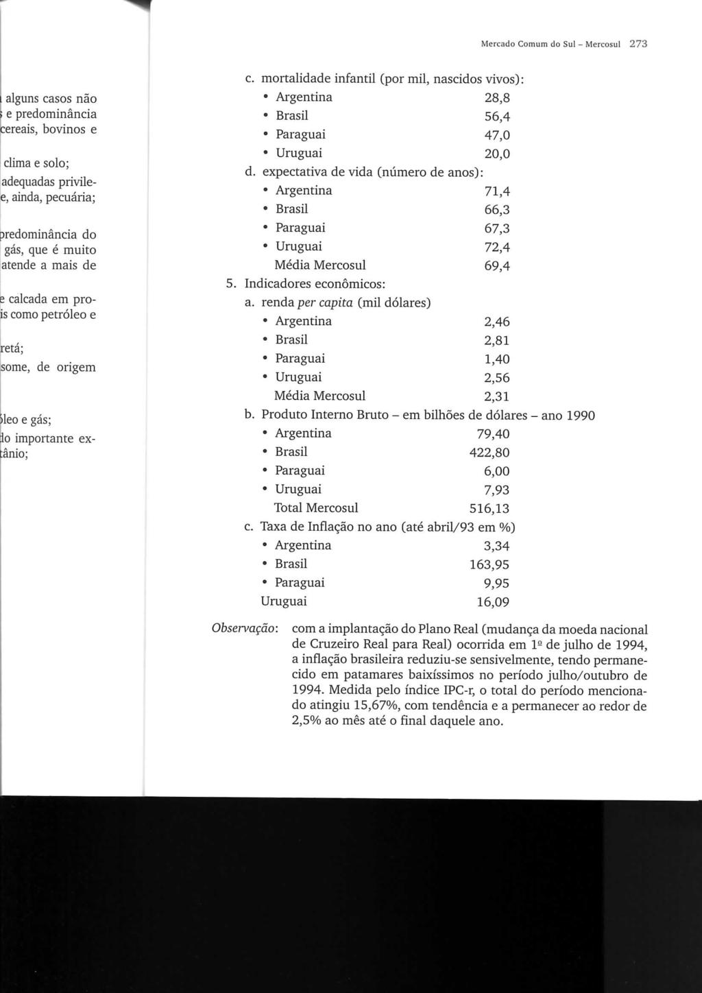 Mercado Comum do Sul - Mercosul 273 c. mortalidade infantil (por mil, nascidos vivos): Ai-gentina 28,8 Brasil 56,4 Paraguai 47,0 Uruguai 20,0 d.