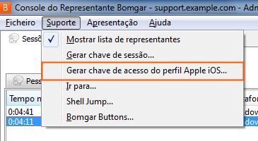 Interface de gestão da chave de acesso do Apple ios Para distribuir os seus perfis privados e públicos activados pelo Bomgar a clientes do dispositivo Apple ios, clique em Suporte no canto superior