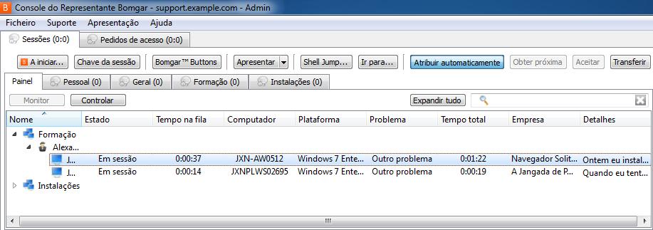 Painel A função do painel permite aos utilizadores privilegiados visualizar e monitorizar continuamente as sessões de suporte, permitindo uma supervisão administrativa para ajudar a gerir a equipa de