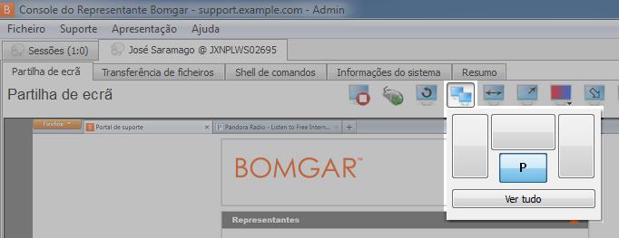 Se forem configurados monitores adicionais, o ícone Mostrar aparece activo na barra de ferramentas Partilha de ecrã e aparece o separador Monitores junto ao separador Informações do sistema debaixo